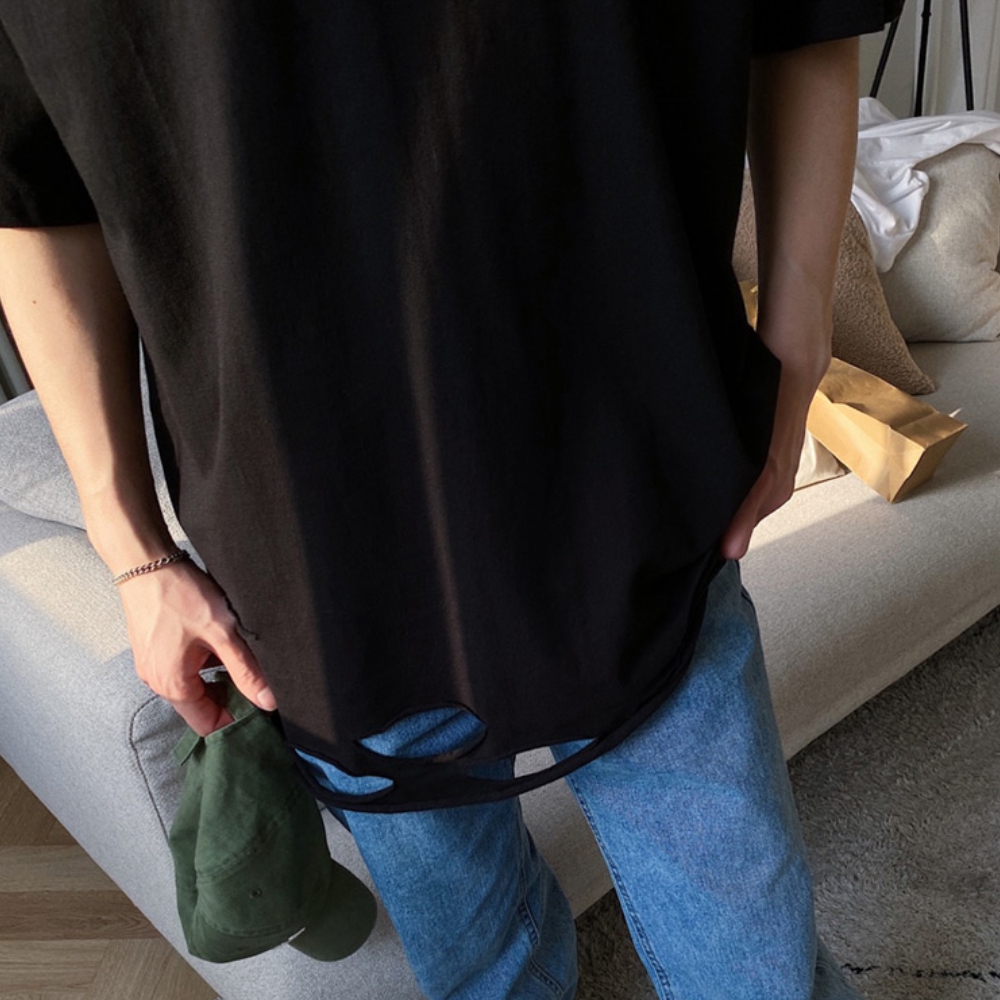 남자 츠게 오버핏 여름 밑단 워싱 데미지 반팔 티셔츠 - 상세 이미지 5