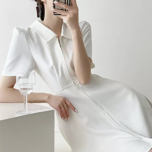 러블리해라 여성 봄 화이트 카라 미디 A라인 플레어 피케원피스 이미지 8