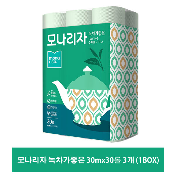 모나리자 녹차가좋은 3겹 30M 30롤 3개 총90롤 천연펄프 화장지 휴지 - 상세 이미지 2