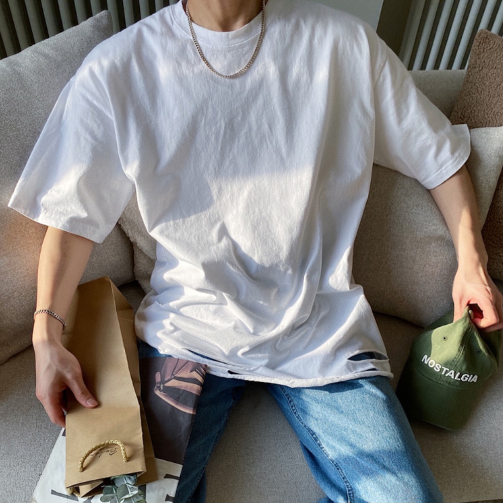 남자 츠게 오버핏 여름 밑단 워싱 데미지 반팔 티셔츠 - 상세 이미지 4