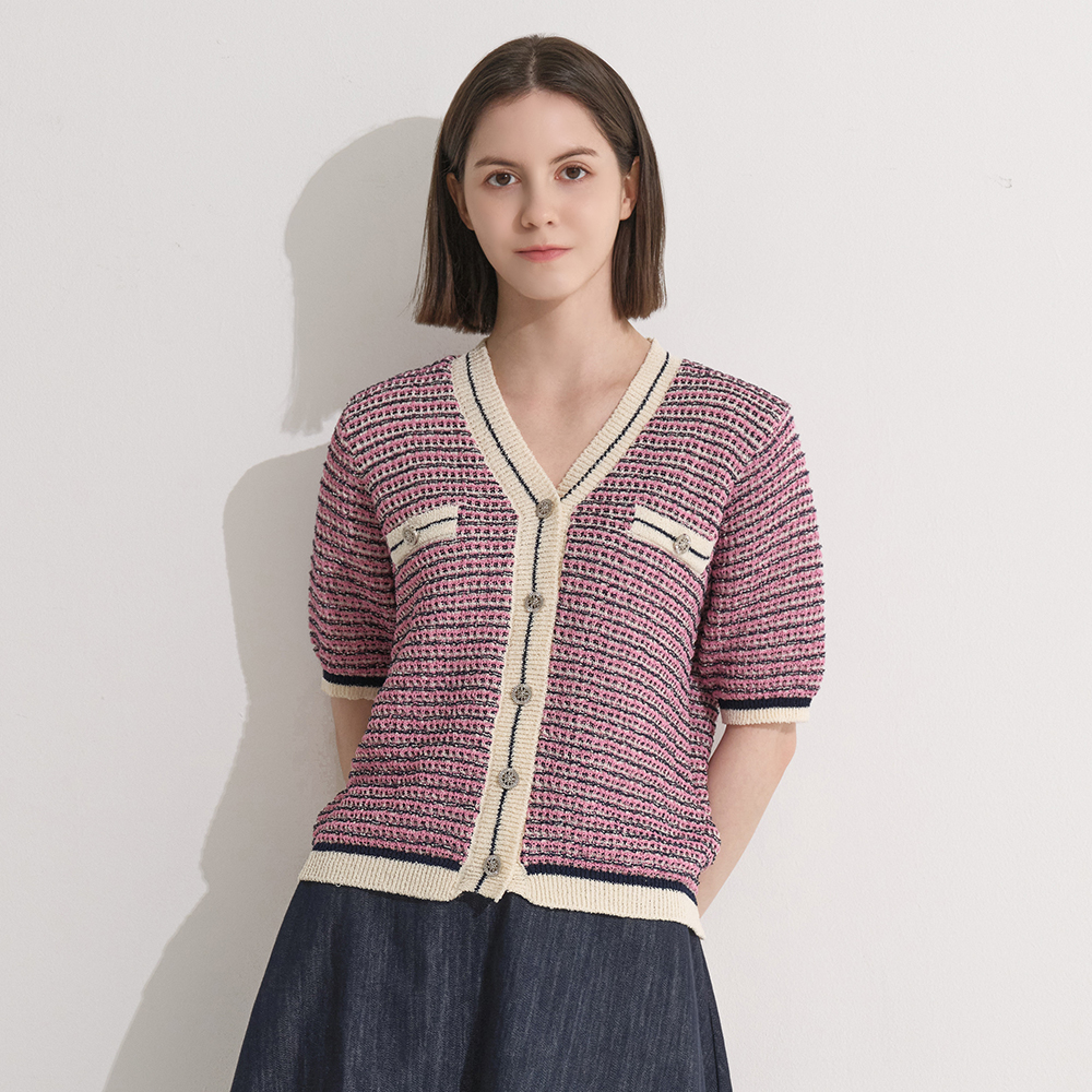 [한정수량] 예시카 브이넥 멀티 배색 반팔 가디건 YI3KC433