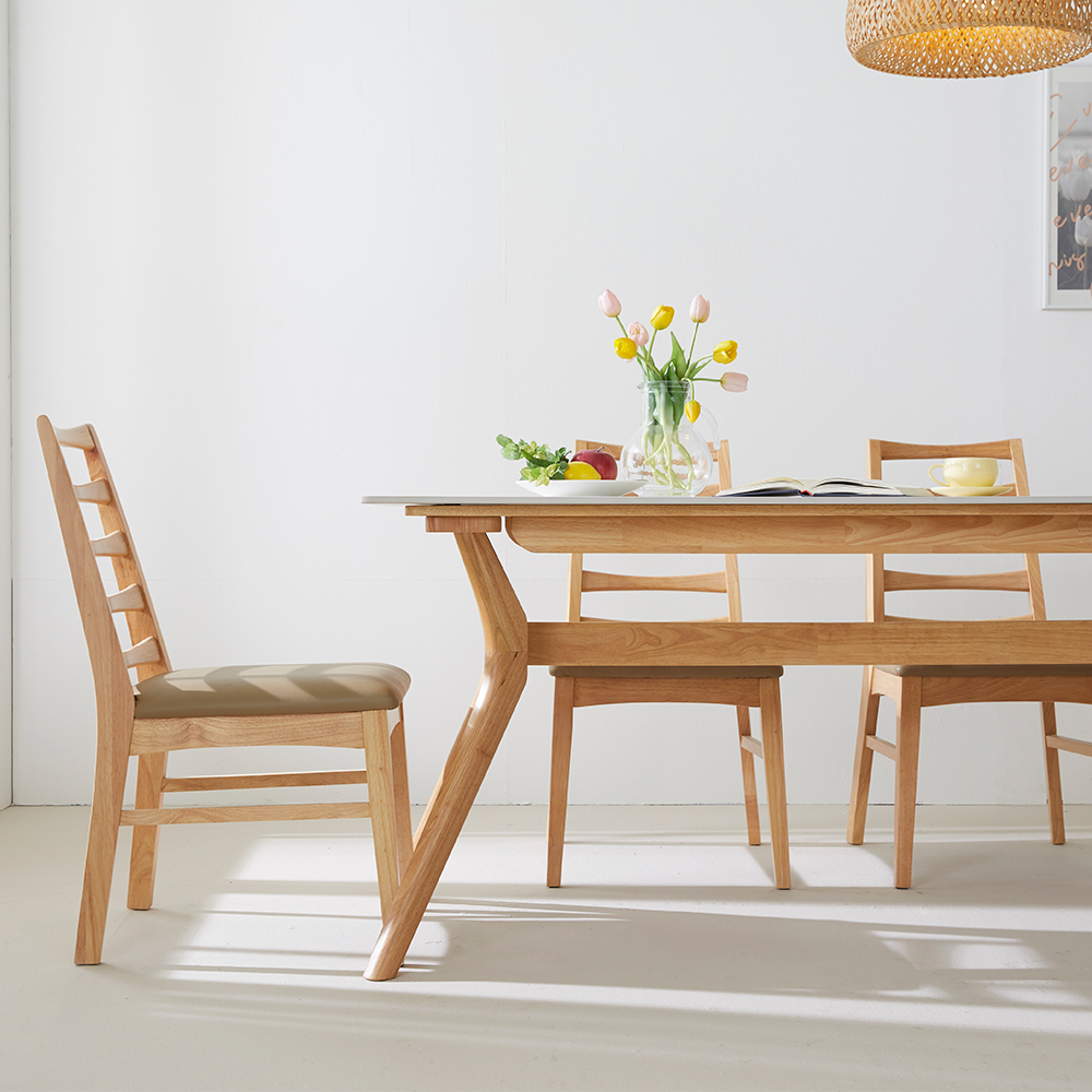 로얄 포세린 단면 세라믹 고무나무 원목 6인용 식탁세트 3인벤치1개+의자3