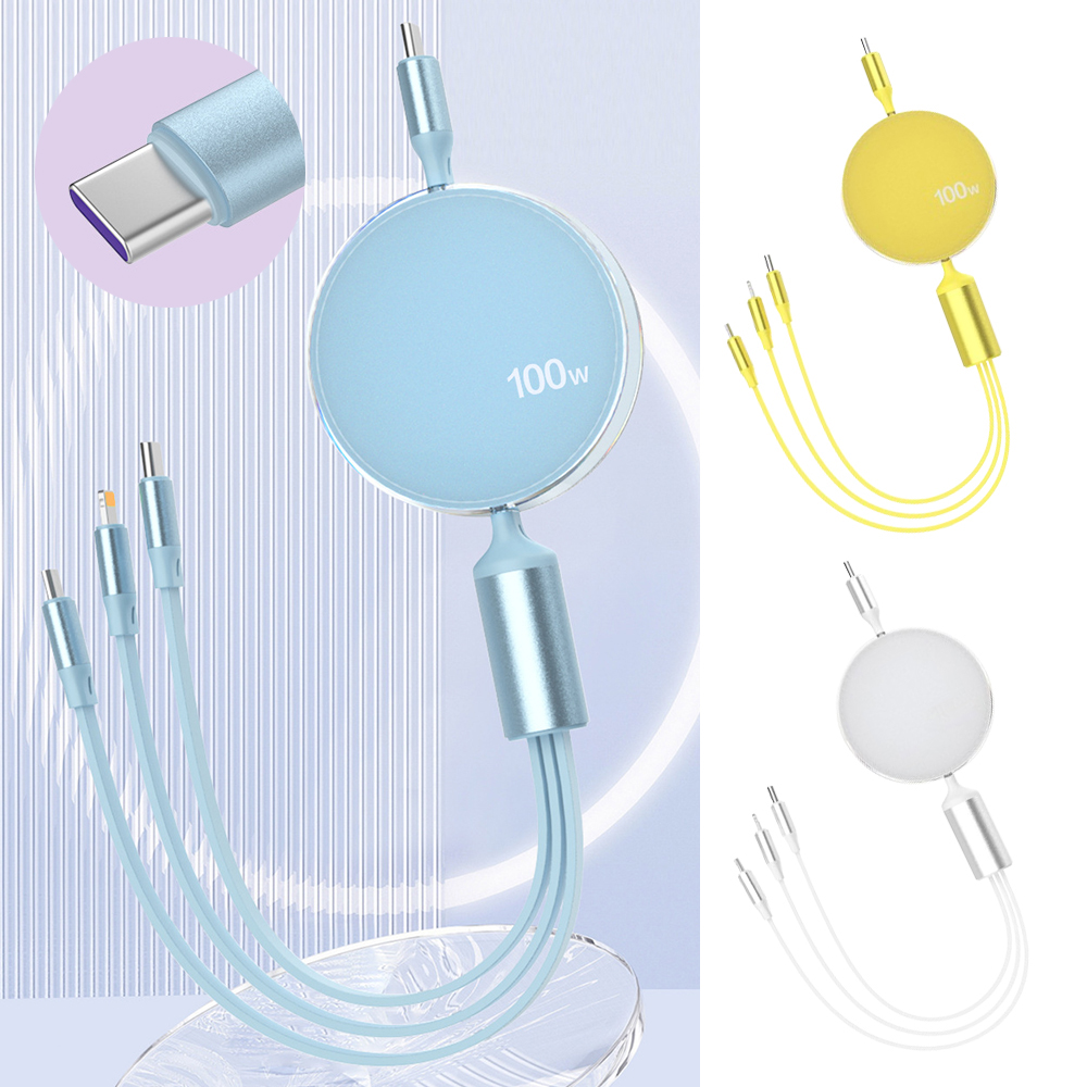 핸드폰 100W 3in1 마카롱 멀티 고속 롤 릴 충전 케이블 8핀 5핀 C타입 CtoC 여행 충전선 차량 PD 데이터전송 자동 선 줄 감김