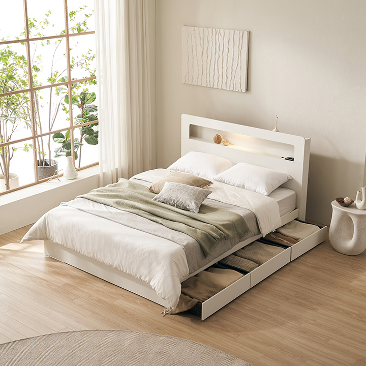 [도착보장] 삼익가구 텐드 LED 조명 3단 수납 침대 퀸 Q 매트포함