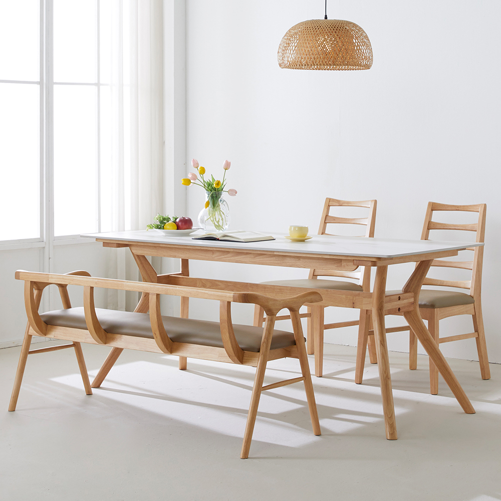 로얄 비앙코 카라라 대리석 고무나무 원목 4인용 식탁세트 벤치1+의자2