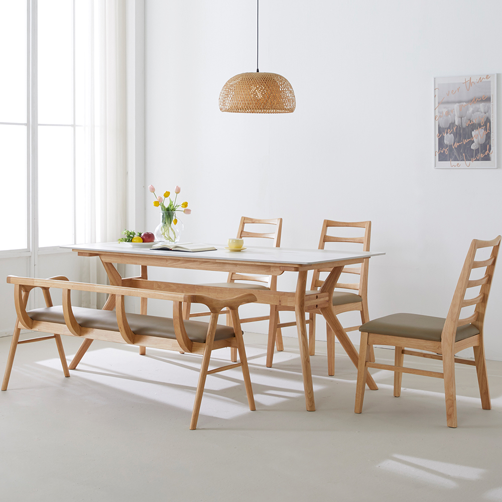 로얄 비앙코 카라라 대리석 고무나무 원목 6인용 식탁세트 벤치1+의자3