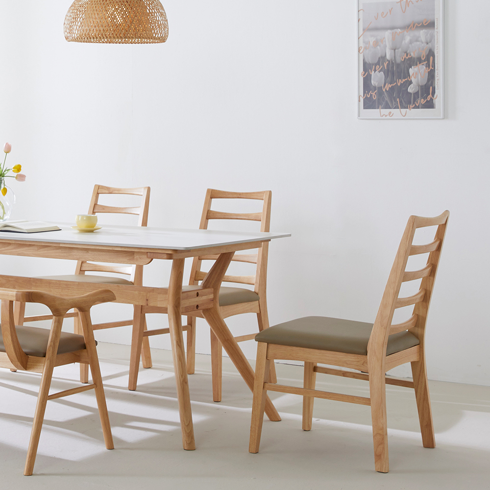 로얄 포세린 단면 세라믹 고무나무 원목 6인용 식탁세트 3인벤치1개+의자3