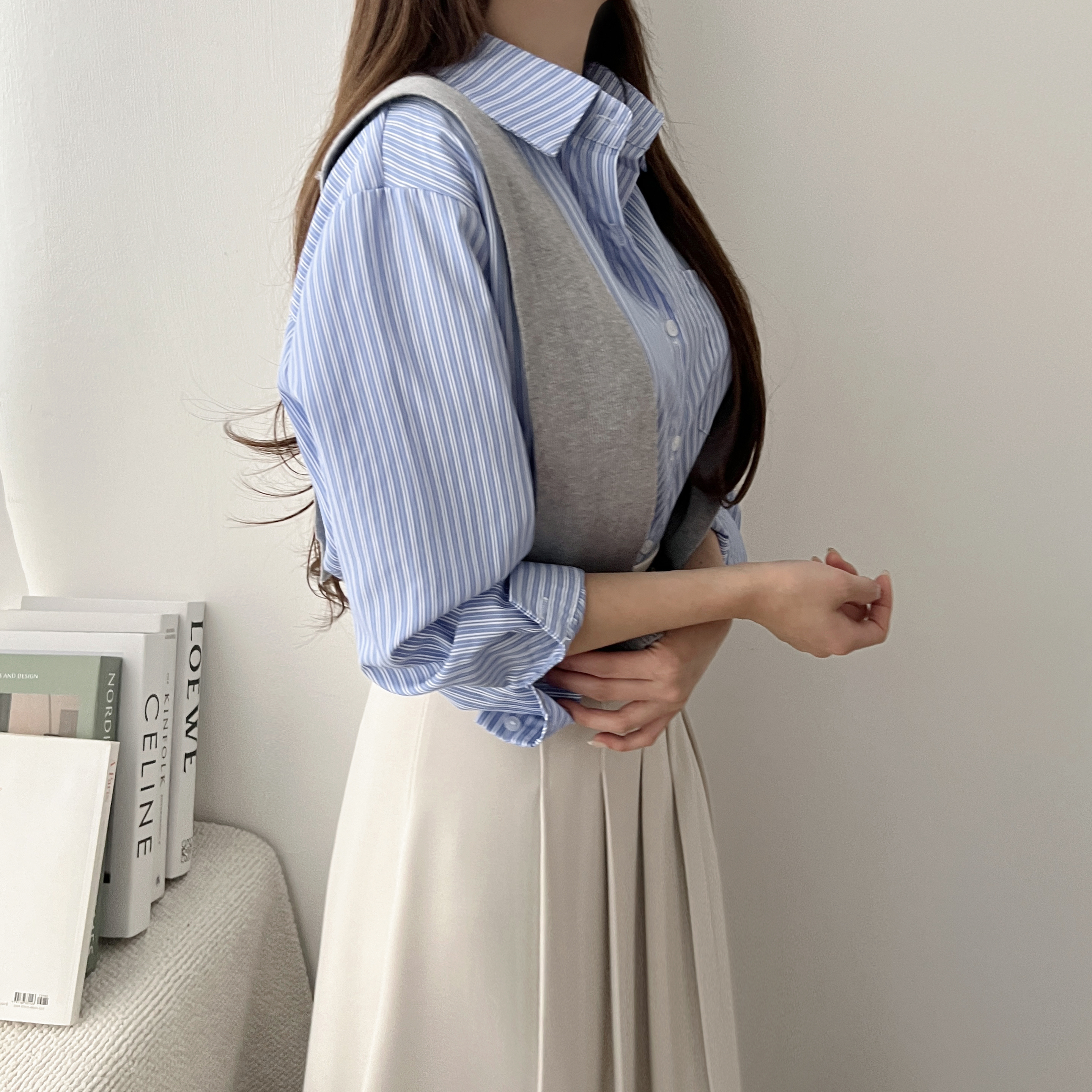 렌토 숄 SET 세미 크롭 루즈핏 스트라이프 셔츠 이미지 4