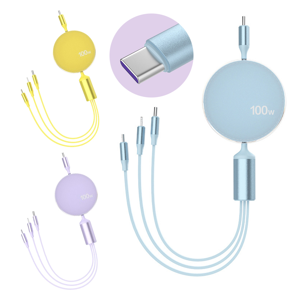 핸드폰 100W 3in1 마카롱 멀티 고속 롤 릴 충전 케이블 8핀 5핀 C타입 CtoC 여행 충전선 차량 PD 데이터전송 자동 선 줄 감김 - 상세 이미지 2
