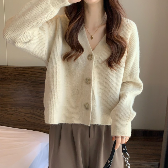 포니크랑 크롭 니트 가디건 그린 숏 빈티지 봄 가을 간절기 브이넥 가디건 3color 이미지 3