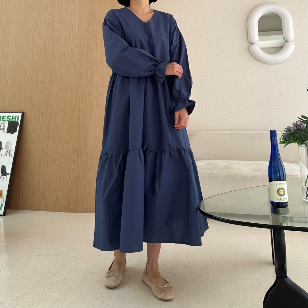 빅사이즈 자체제작 A라인 2단 캉캉 V넥 롱 원피스 긴팔 셔링소매 프릴 하객 정장 오피스