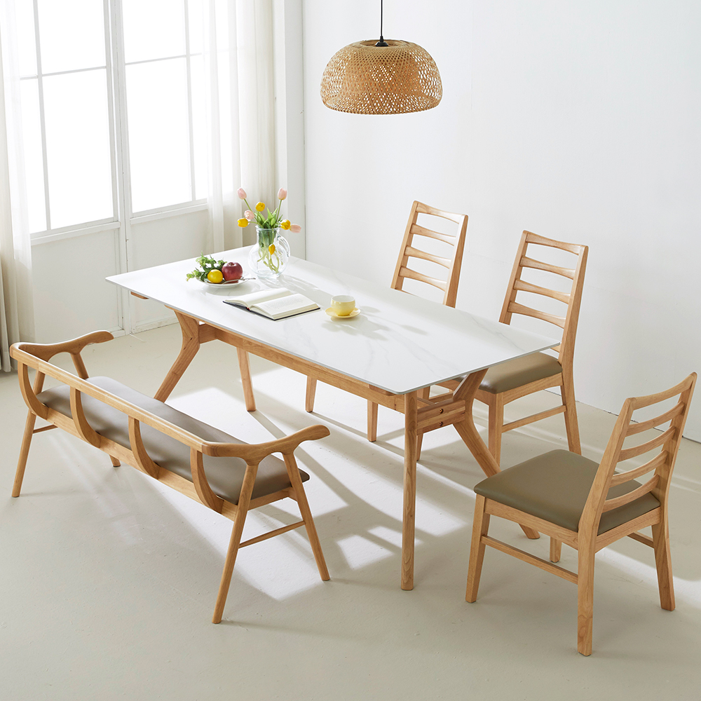 로얄 포세린 단면 세라믹 고무나무 원목 6인용 식탁세트 3인벤치1개+의자3