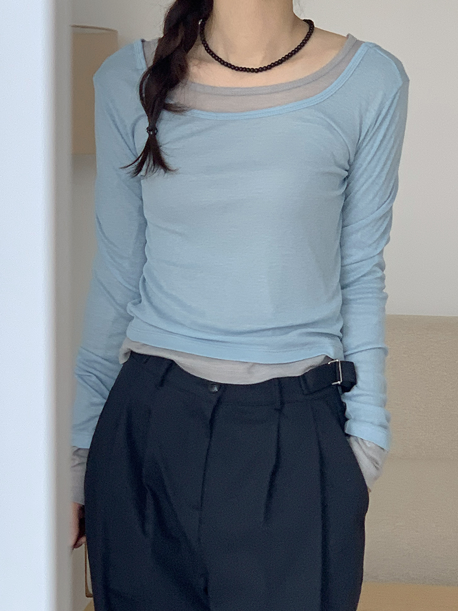 아른 텐셀 시스루 레이어드 유넥 긴팔 티셔츠, 나이브실루엣, 여자 패션, 스타일 코디