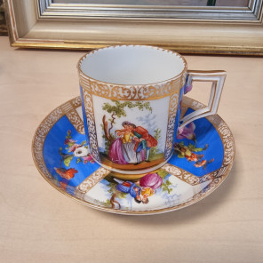 [중고] (레어 앤틱) 드레스덴 오리지날 도나트(Donath) 와토 연인명화  쿼터포일 커피잔세트 (1893-1916)