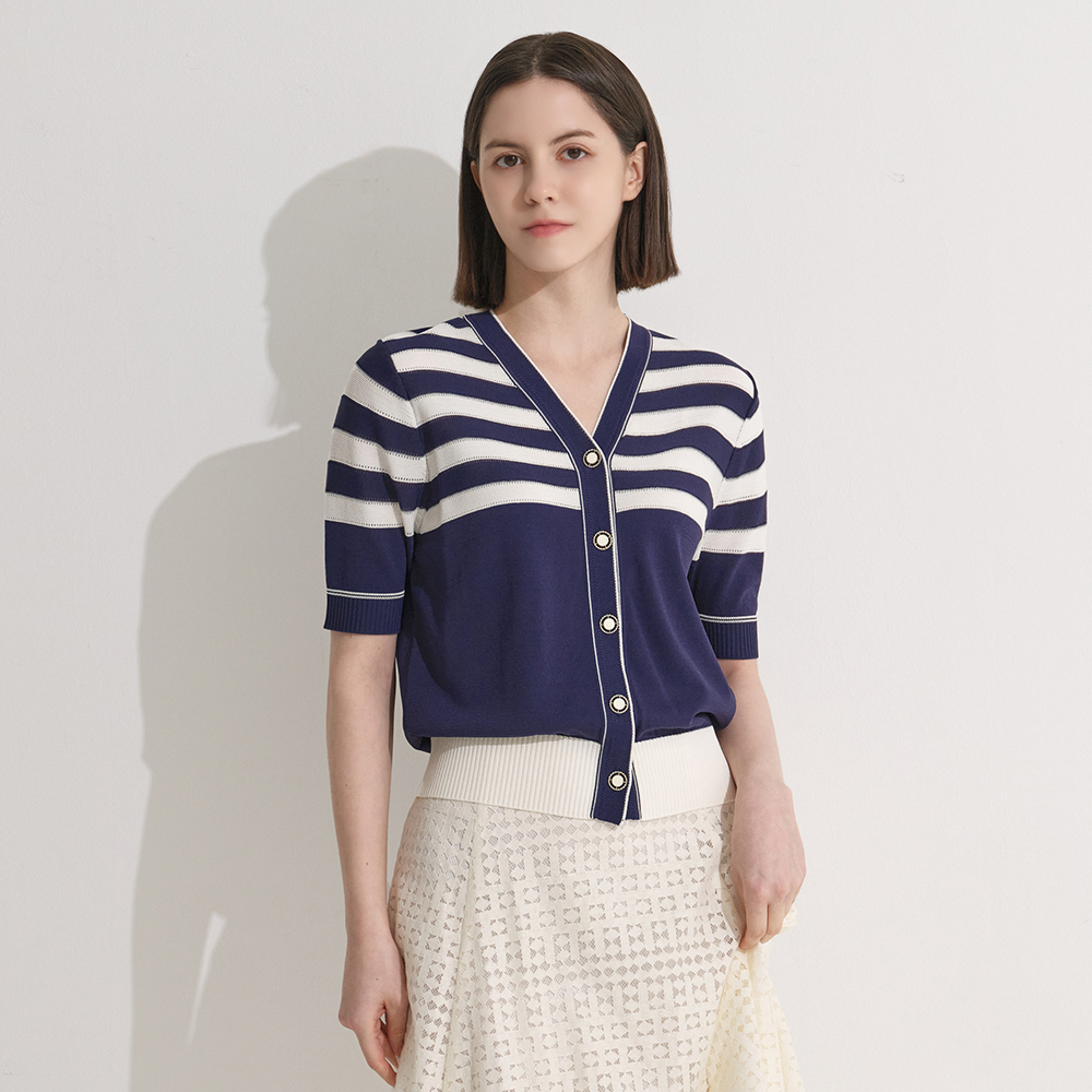 예시카 비스코스 브이넥 스트라이프 반팔 가디건 YI3KC436