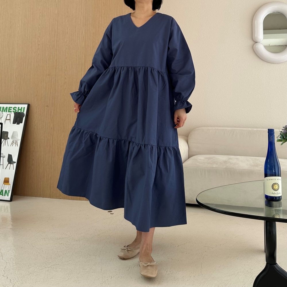 빅사이즈 자체제작 A라인 2단 캉캉 V넥 롱 원피스 긴팔 셔링소매 프릴 하객 정장 오피스