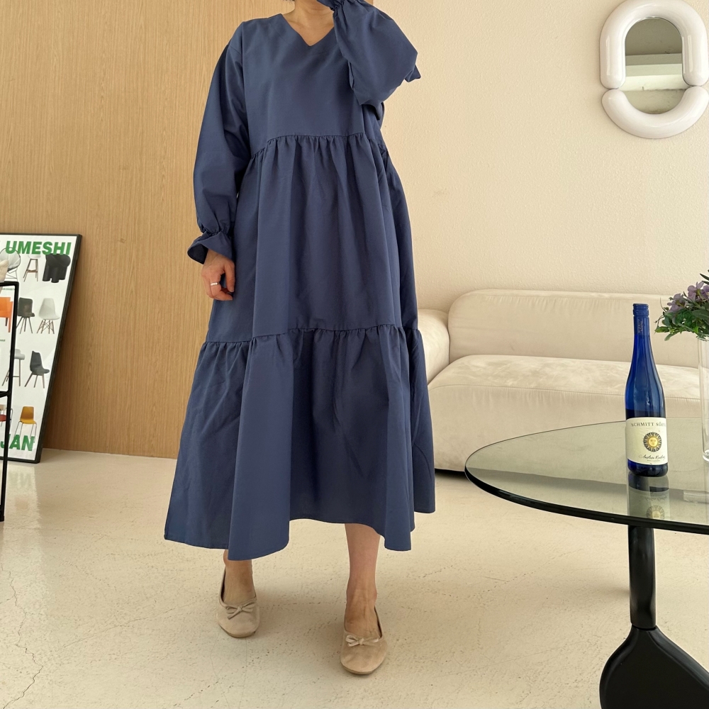 빅사이즈 자체제작 A라인 2단 캉캉 V넥 롱 원피스 긴팔 셔링소매 프릴 하객 정장 오피스