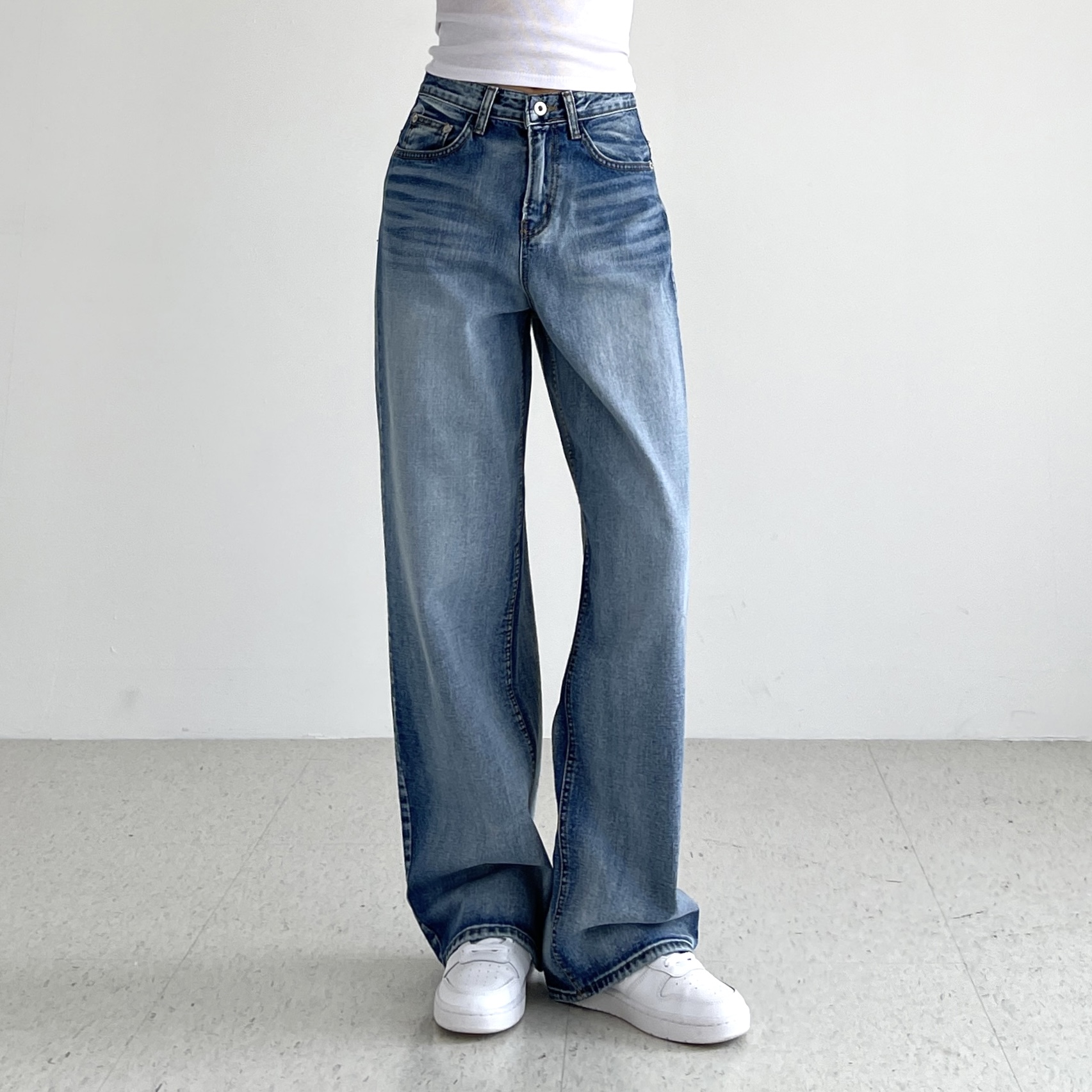 여성와이드청바지 하이웨스트 중청데님 봄 가을 빈티지워싱 여자 일자 통바지