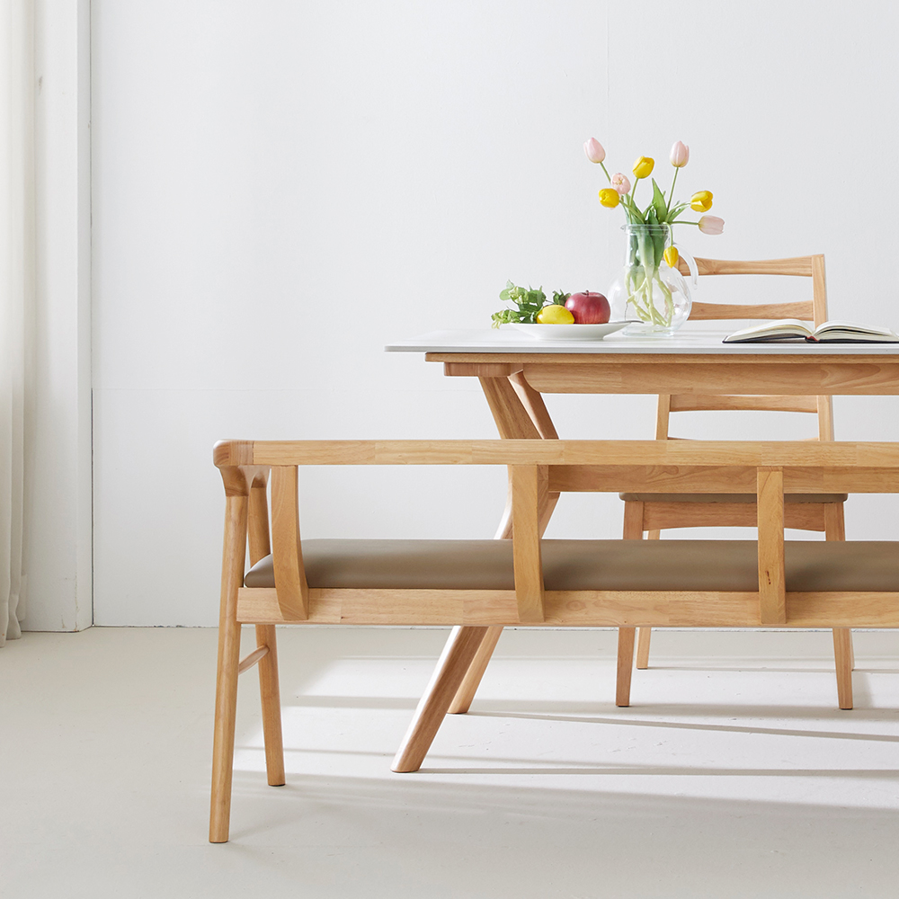 로얄 포세린 단면 세라믹 고무나무 원목 6인용 식탁세트 3인벤치1개+의자3