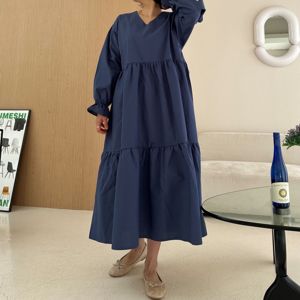 빅사이즈 자체제작 A라인 2단 캉캉 V넥 롱 원피스 긴팔 셔링소매 프릴 하객 정장 오피스