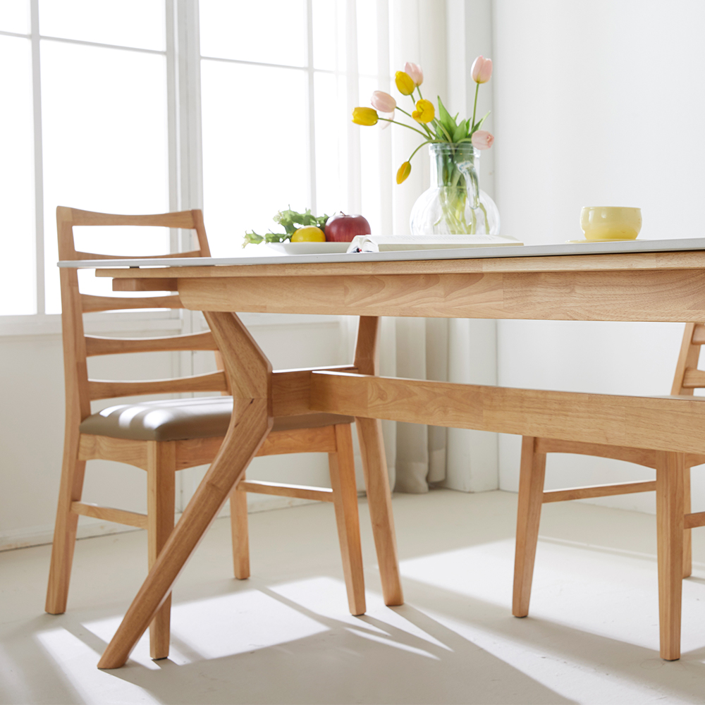 로얄 포세린 단면 세라믹 고무나무 원목 6인용 식탁세트 3인벤치1개+의자3