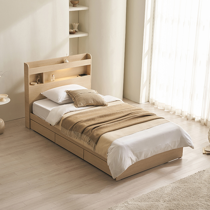 삼익가구 데이슨 LED 3단 수납 슈퍼싱글 침대 독립스프링 매트리스, 라이트내추럴