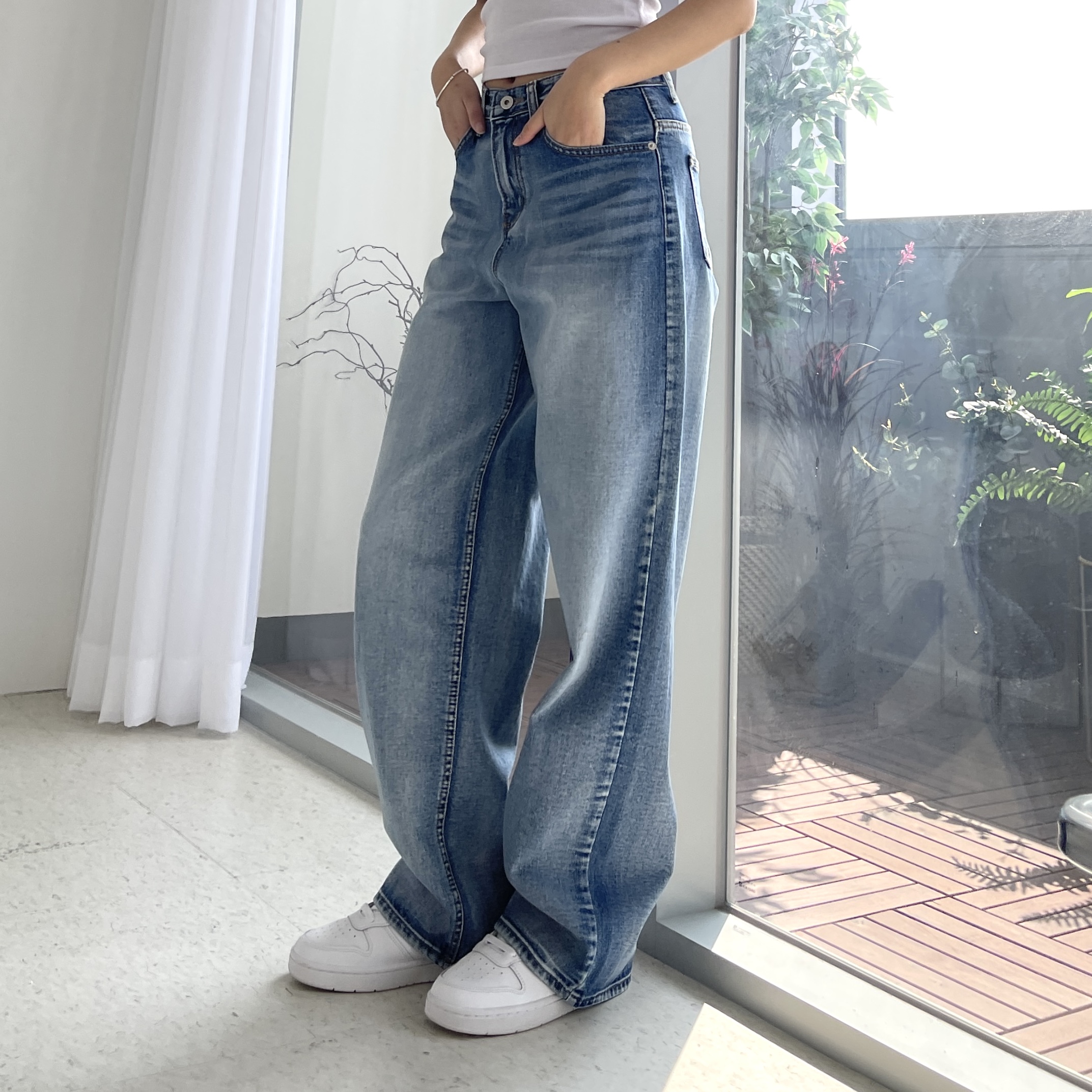 여성와이드청바지 하이웨스트 중청데님 봄 가을 빈티지워싱 여자 일자 통바지 - 상세 이미지 2
