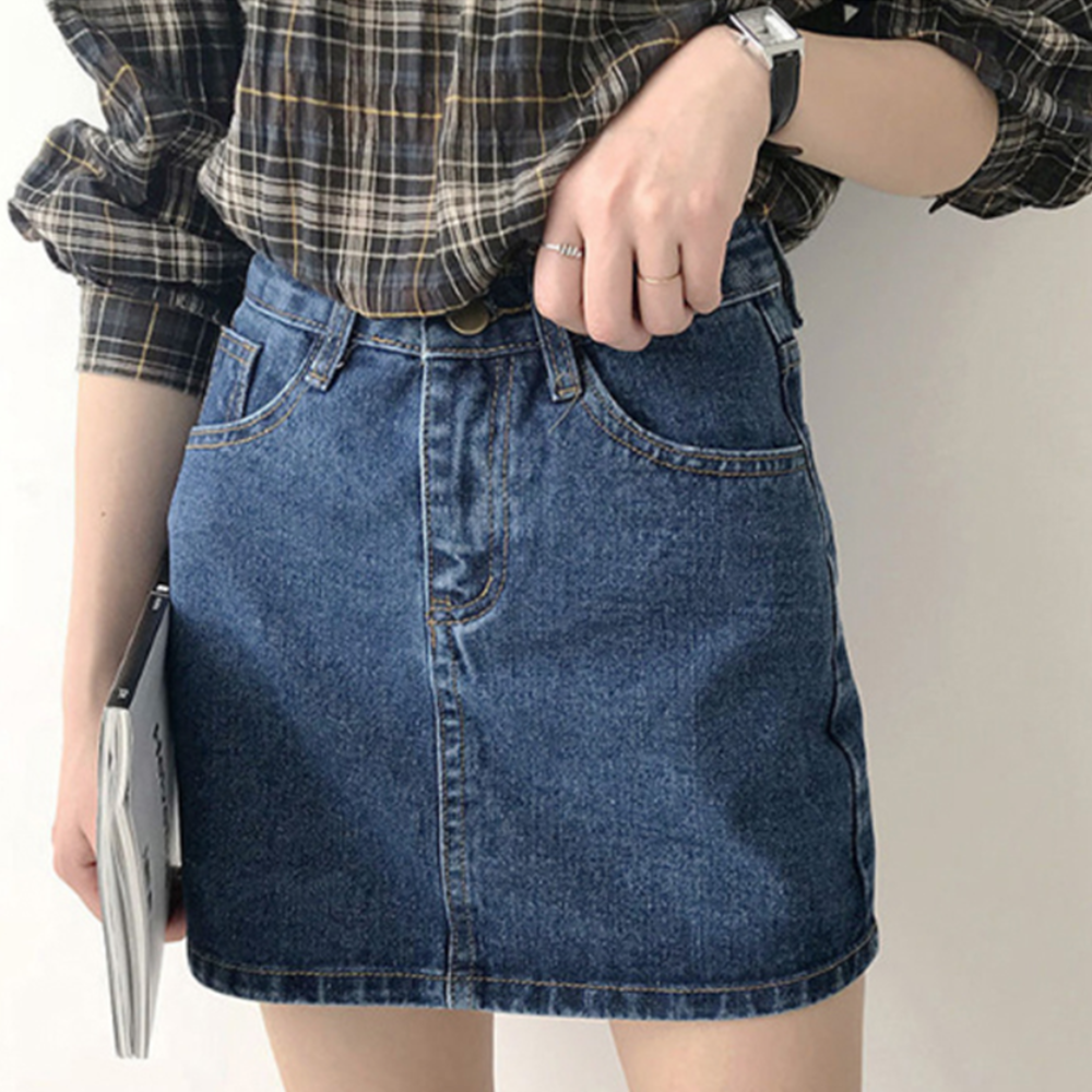 짧은청치마 H라인 하이웨스트 여성 워싱데님 미니 스커트 - 메인 이미지
