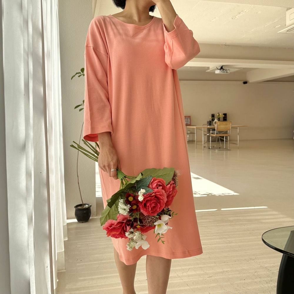 빅사이즈 자체제작 8부 소매 데일리 원피스 면 스판 니트 찰랑 H라인 원마일웨어 봄 가을