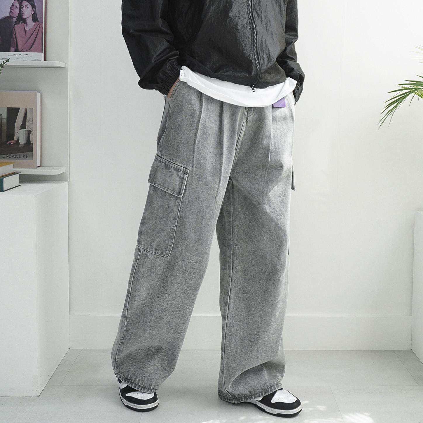 S-2XL 남녀공용 시크릿 밴딩 투턱 카고 와이드 데님 팬츠 롱 기본 숏 기장 선택 이미지 6