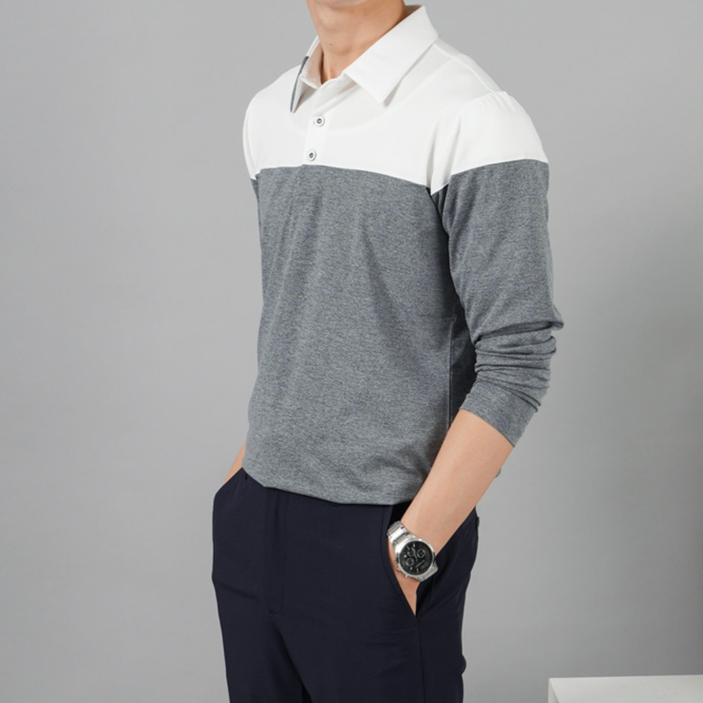 남자 스커 봄 가을 기능성 배색 스판 긴팔 골프티셔츠 - 상세 이미지 2