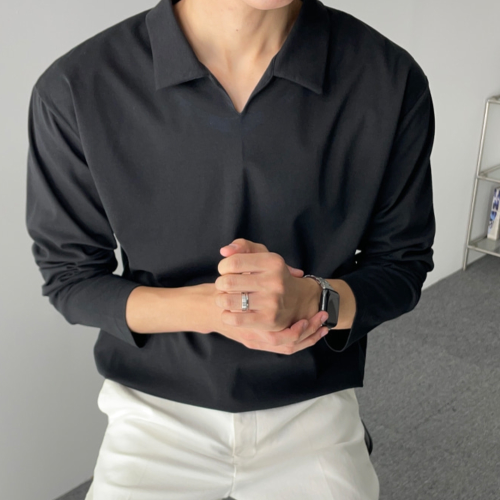 1+1 남자 데시 봄 가을 분또 긴팔 오픈 카라 티셔츠 - 상세 이미지 2