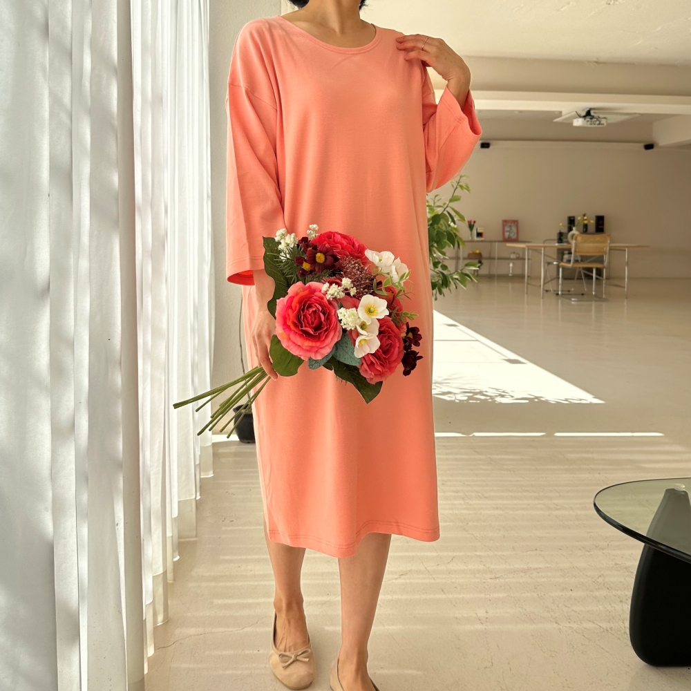 빅사이즈 자체제작 8부 소매 데일리 원피스 면 스판 니트 찰랑 H라인 원마일웨어 봄 가을