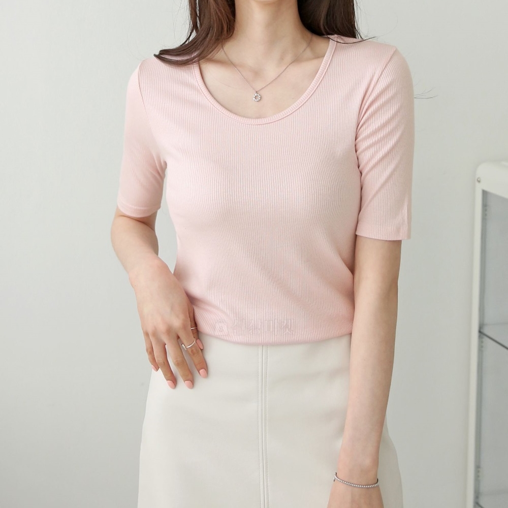 여성 여름 반팔티 골지 유넥 브이넥 기본 이너 레이어드 반팔 티셔츠 - 상세 이미지 4