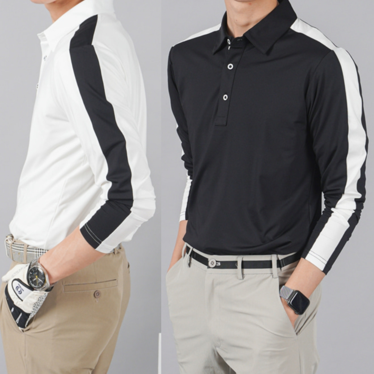 남자 스무 봄 가을 라인 스판 기능성 긴팔 골프 티셔츠