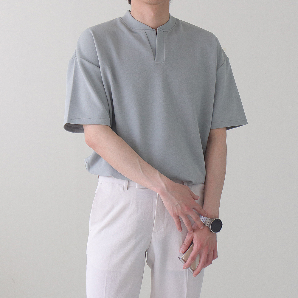 남자 반팔티 구김없는 오버핏 무지 헨리넥 반팔 티셔츠 - 상세 이미지 2