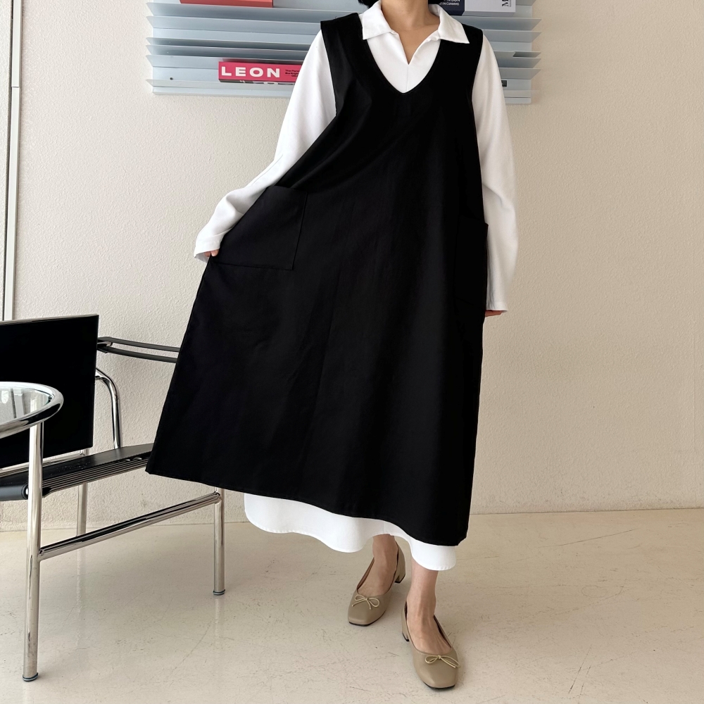 빅사이즈 자체제작 99-130 스판 V넥 베스트 롱 원피스 뷔스티에 조끼 레이어드 블랙