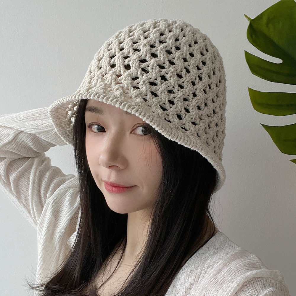 부클 펀칭 크로셰 린넨 니트 벙거지 여성 여름 버킷햇 이미지 2