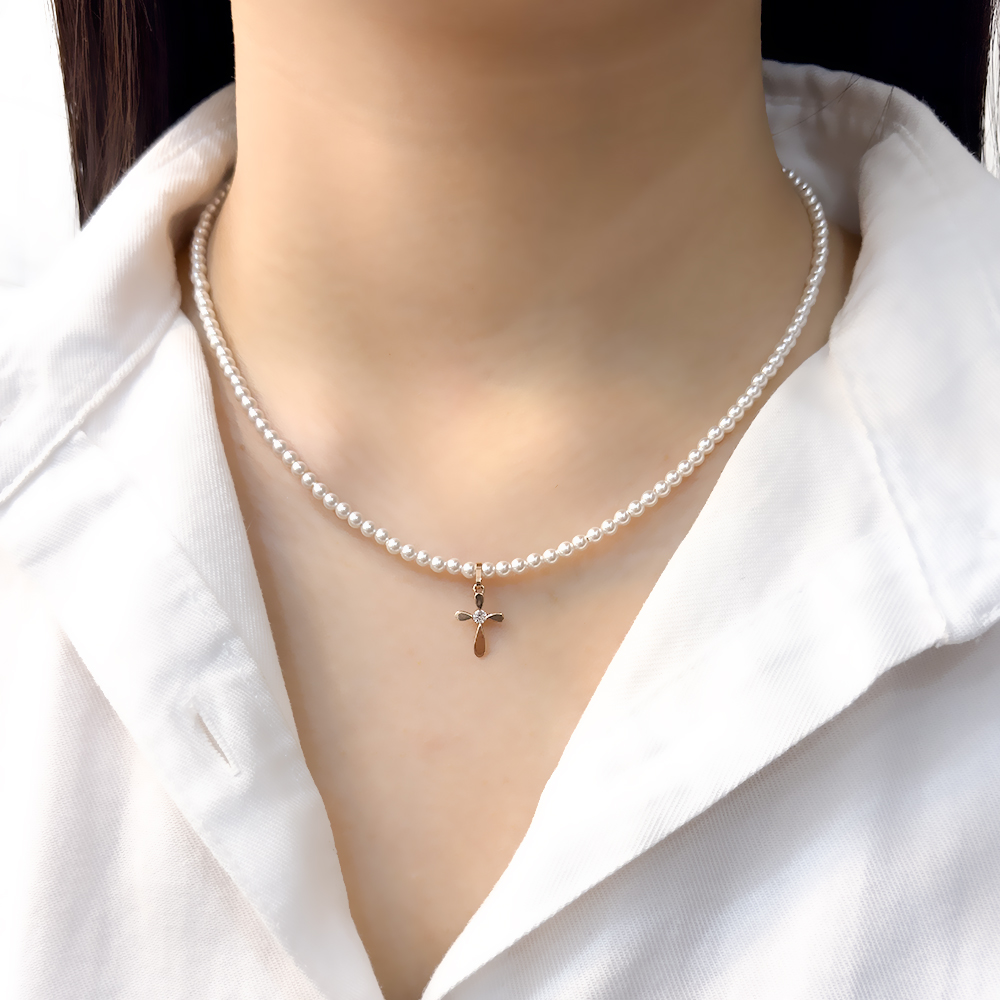 14k 3mm 스왈진주 십자가 큐빅 목걸이 OPPN0682 - 상세 이미지 4