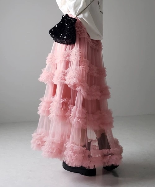 여자여자몰 운동화레이어드 입체 캉캉프릴 샤 롱스커트 웨딩 망사플레어스커트 하단시스루