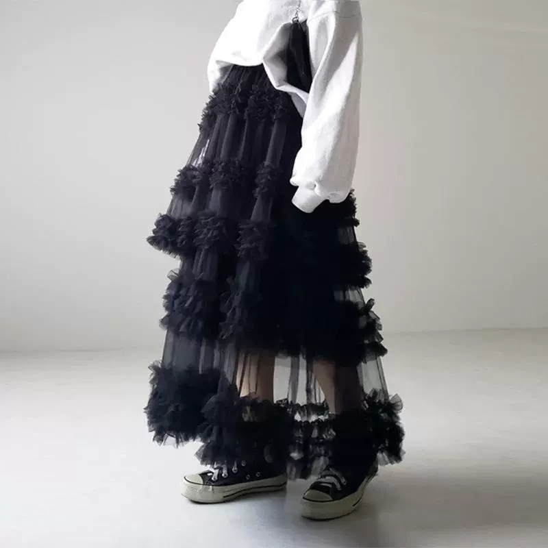 여자여자몰 운동화레이어드 입체 캉캉프릴 샤 롱스커트 웨딩 망사플레어스커트 하단시스루 - 상세 이미지 2