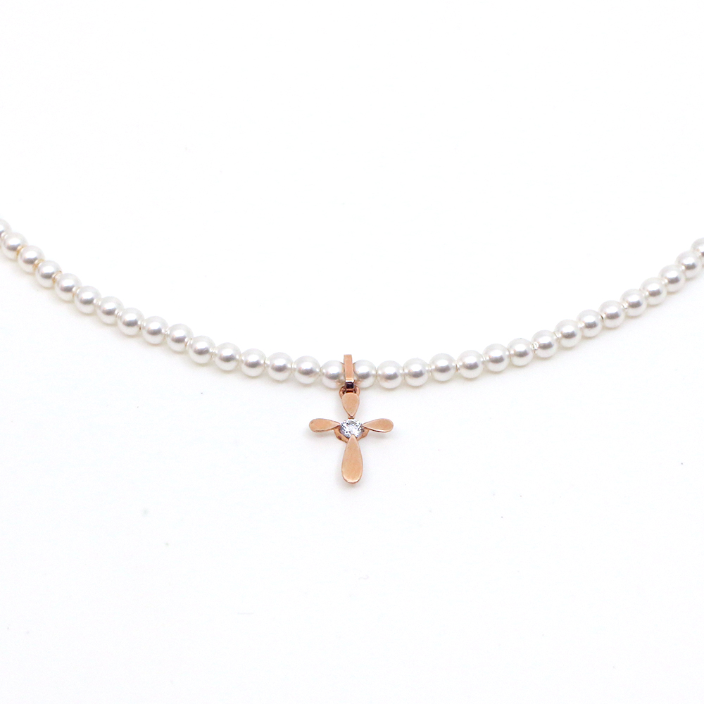 14k 3mm 스왈진주 십자가 큐빅 목걸이 OPPN0682 - 상품 이미지