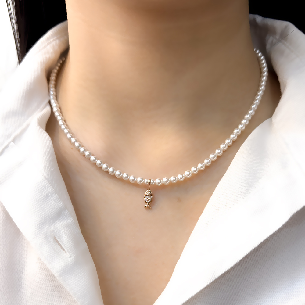 14k 4mm 스왈진주 물고기 큐빅 목걸이 OPPN0681 - 상세 이미지 4