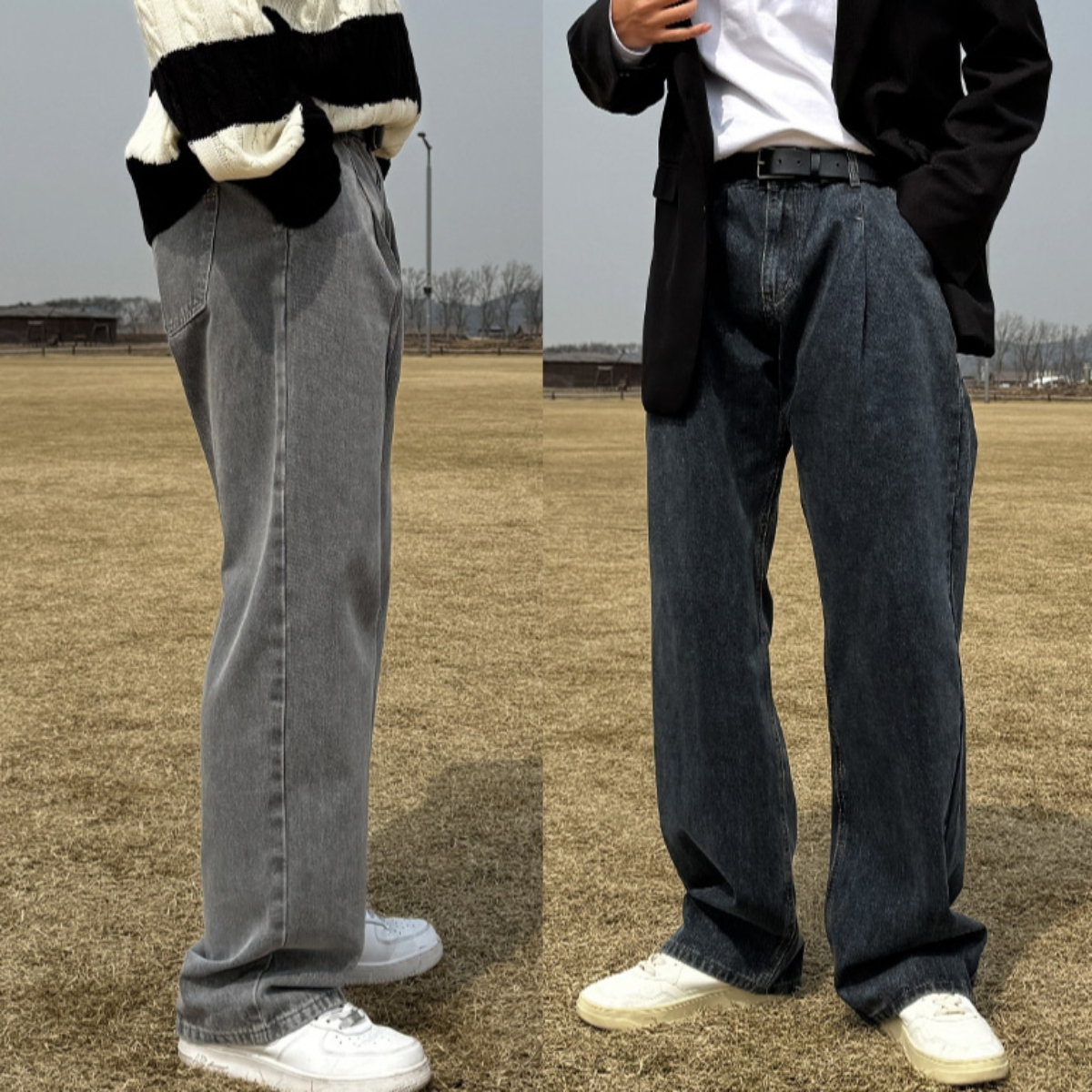 남자 라레 봄 가을 숏&미들&롱 3단 핀턱 와이드 데님 - 상품 이미지