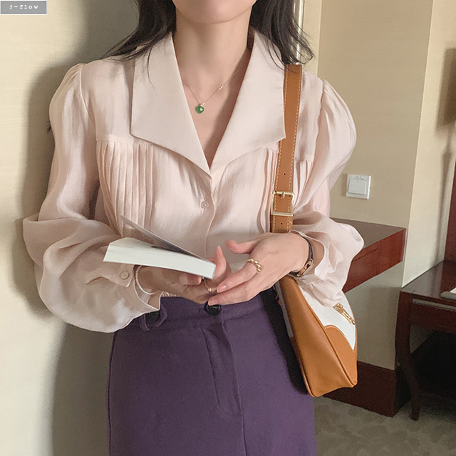 셀느 루즈핏 시스루 카라넥 핀턱주름 블라우스 2color 봄 여름 여리 하객 제이플로우 - 상품 이미지