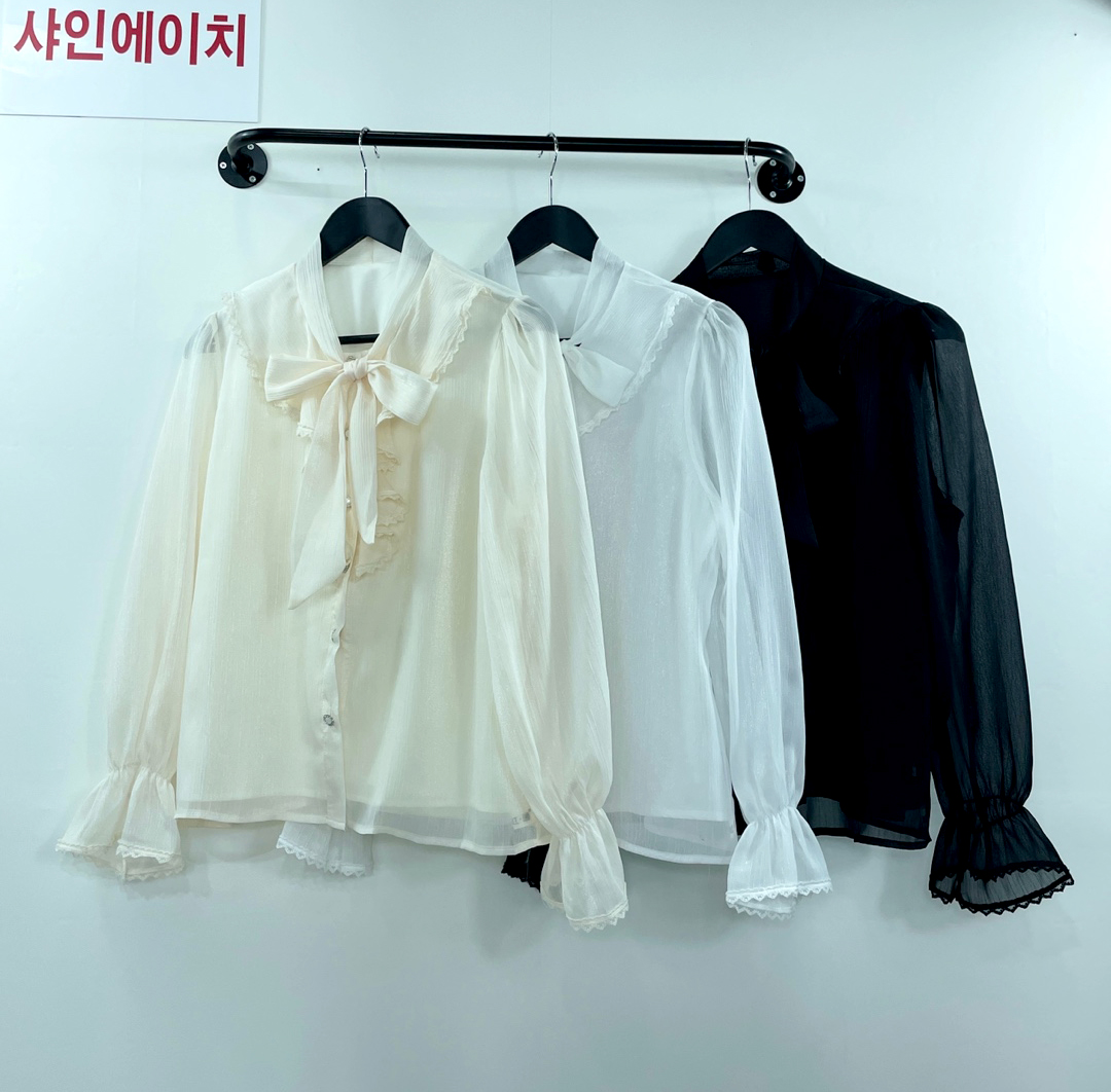 여자여자몰 안감부착 셔링프릴 리본 긴팔블라우스 광택원사 봄블라우스 하객 - 상세 이미지 3
