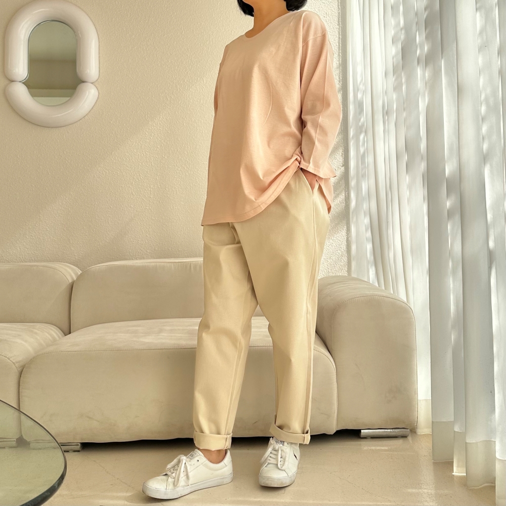 빅사이즈 자체제작 데일리 파스텔 긴팔 티셔츠 면 무지 라운드 베이직 레이어드 기본 박시티 이미지 8