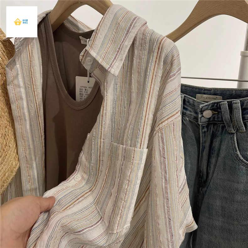 조직감 린넨자켓 면 린넨 래쉬가드 얇은 스트라이프 셔츠 아우터 - 상세 이미지 4