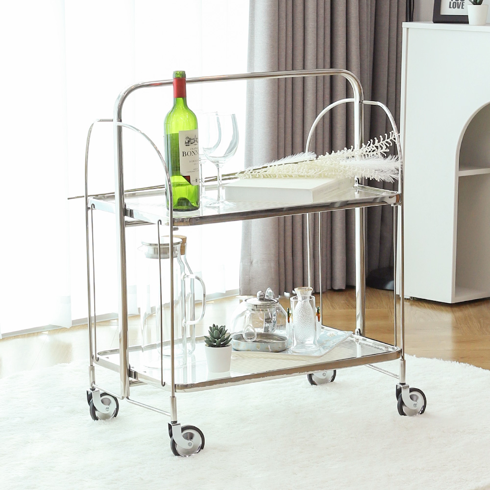 마르쉘 트롤리 투명 웨이브 접이식 폴딩 이동식 2단 수납 선반 웨건 카트