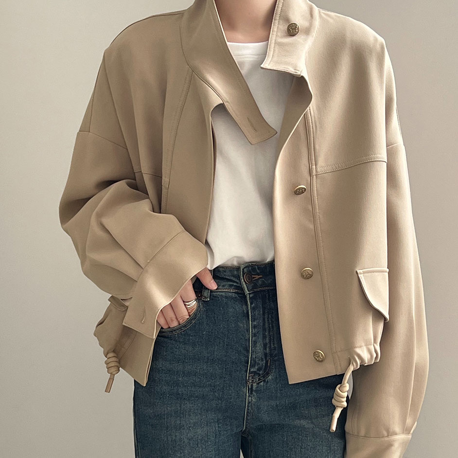 러블리해라 봄 야상점퍼 루즈핏 간절기 스트링 베이지 바람막이 - 상품 이미지